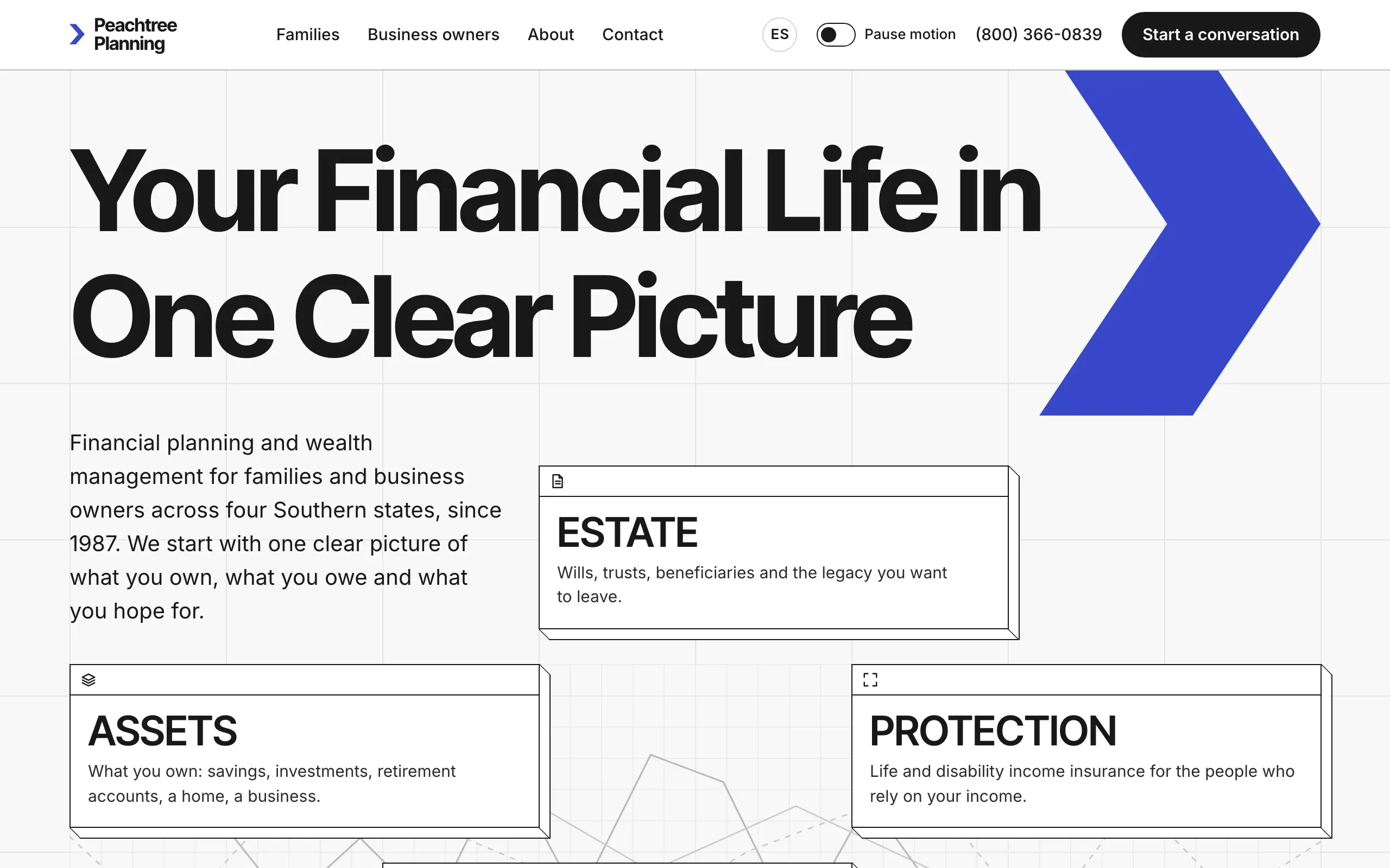 The Balance direction’s home page: the heavy two-line headline Your Financial Life in One Clear Picture beside a large cobalt chevron, over the introduction and an outlined slab for estate planning.